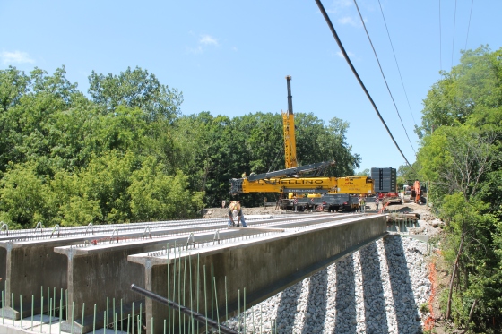  It took a little time to get set up, but by noon Wednesday, crane operators had completed positioning six beams on the new Richton Road bridge. Crete Township Road Commissioner Tony Recupito says setting the beams  enables Coal City-based D Construction to prepare the bridge deck for pouring the deck in August. ‘The good news,' Recupito says, 'is everything is on schedule and the completion date should fall somewhere between the last week of September and the first week of October, depending on the amount of items on the final cleanup and punch list.' Photo credit: Dennis Sullivan.